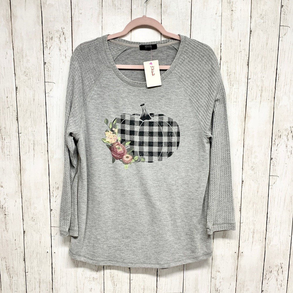 Modern Canvas Pumpkin Graphic Waffle Knit Womens Size L Grey Fall Farmhouse Top